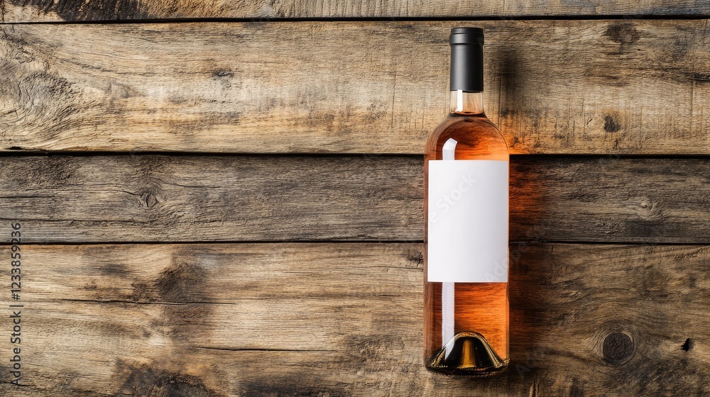 Poster rose wine bottle with empty label on textured rustic wooden surface perfect for branding and labels