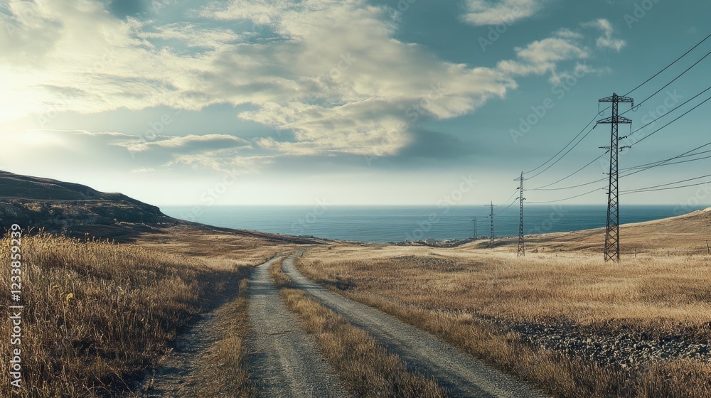 Aufkleber scenic rural road leading to the ocean with electricity pylons and expansive fields under a cloudy s