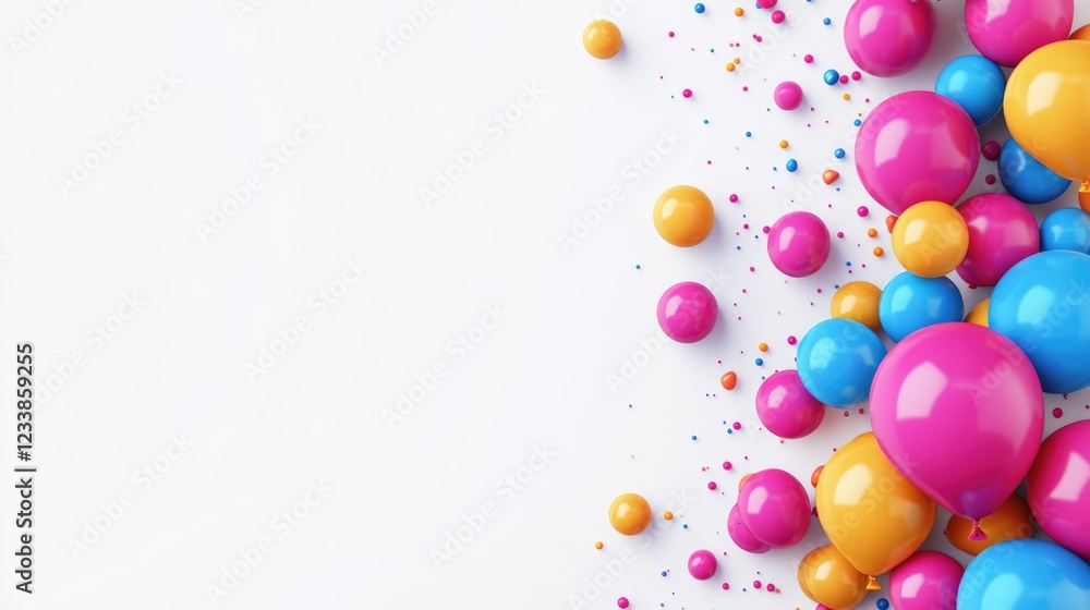 Poster Colorful balloons and confetti scattered on a white background ideal for celebrations with ample empty space for text or messages