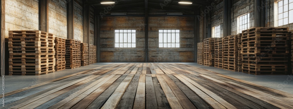 Poster empty warehouse interior with wooden pallets stacked neatly and ample copy space for text or brandin