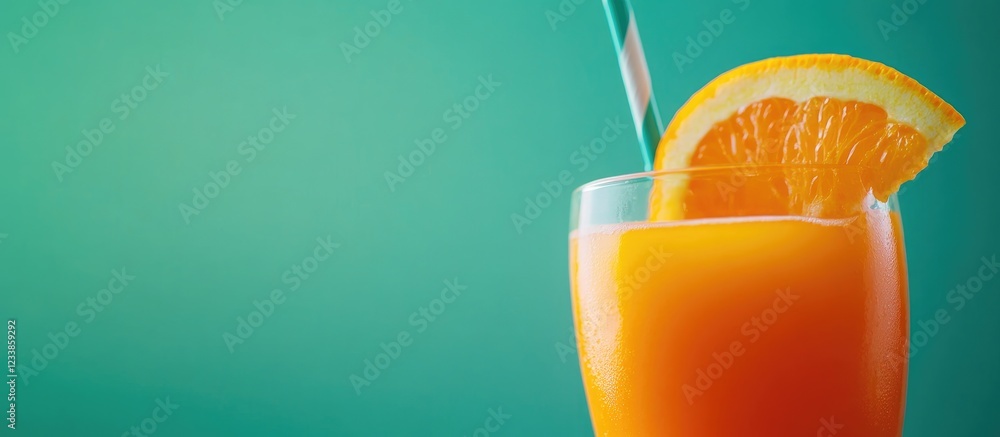 Poster fresh glass of orange juice garnished with a slice of orange on a vibrant green background with copy