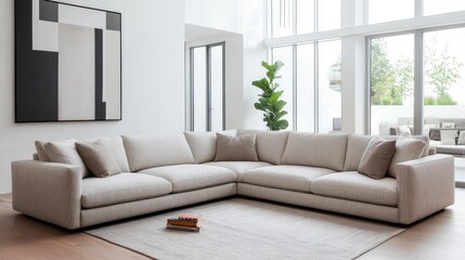 Fototapeta premium Modern sectional sofa in a spacious minimalist living room with natural light and elegant decor emphasizing comfort and style.