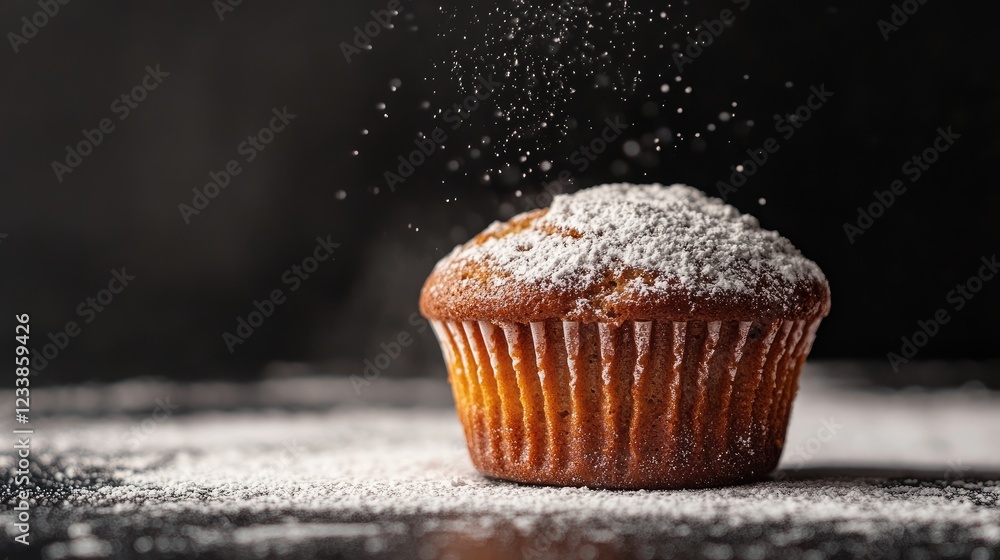 Aufkleber Homemade muffin dusted with powdered sugar on a dark floured surface with empty space for text showcasing realistic food photography