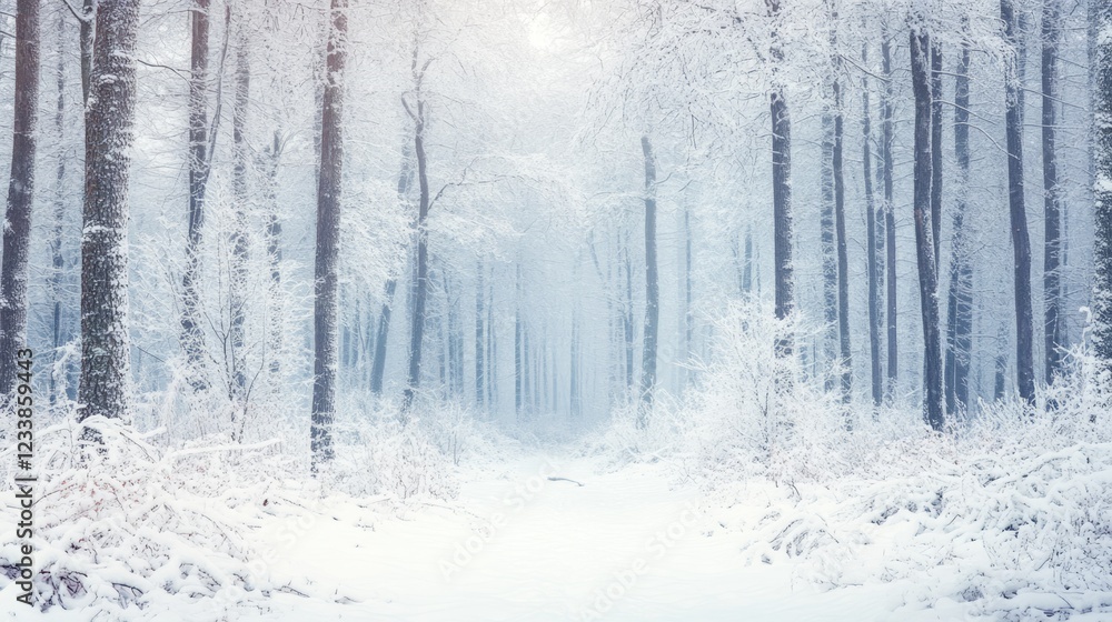 Poster winter forest scene with snow-covered trees and tranquil atmosphere for empty text space in a serene