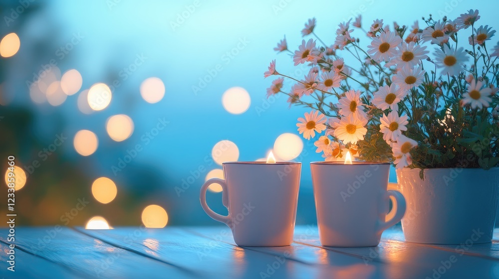 Aufkleber Cups and flower arrangement on a table with a blurred night sky creating a serene and romantic atmosphere.