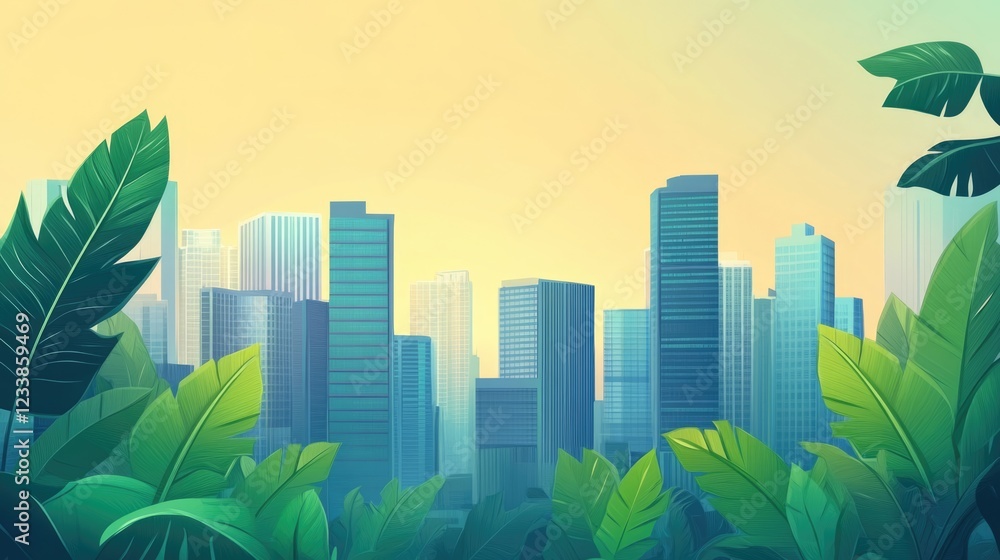 Poster Vibrant city skyline with skyscrapers lush greenery and clear sky suitable for adding text or branding elements
