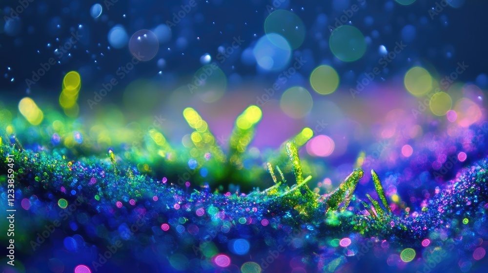 Poster dreamy artistic background featuring vibrant bokeh effect with blue green and purple lights over a t