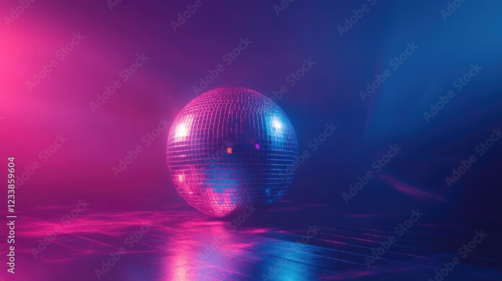 Poster vibrant retro disco ball surrounded by colorful lights creating a dynamic atmosphere with space for 
