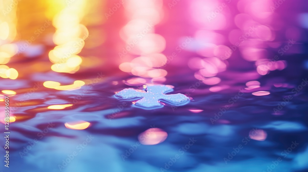 Fototapete Vibrant Colorful Reflections on Water with Glossy White Floating Object and Empty Copyspace for Text in Evening Light