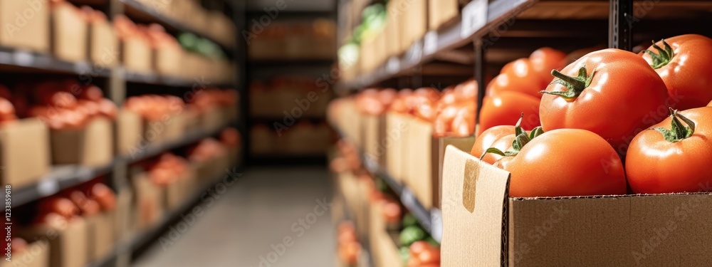 Poster warehouse supermarket display with cardboard wrapped tomatoes and bulk fruits vegetables shelves fea