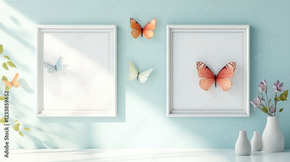 Poster empty picture frames on butterfly wallpaper with decorative butterflies and flower vases in a bright