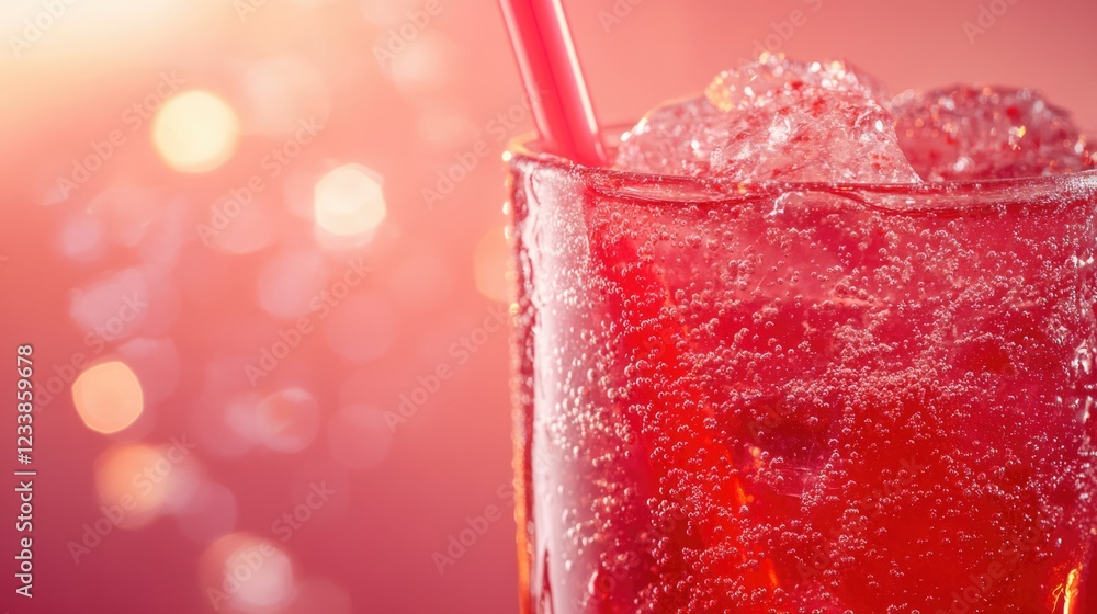 Poster winter berry mocktail close up of refreshing red seltzer drink with straw and empty space for custom