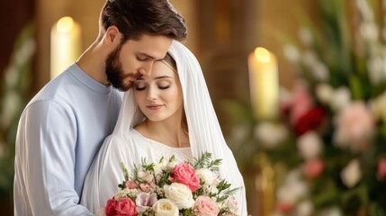 Romantic Couple Embracing with a Wedding Bouquet in a Softly Lit Ceremony Background
