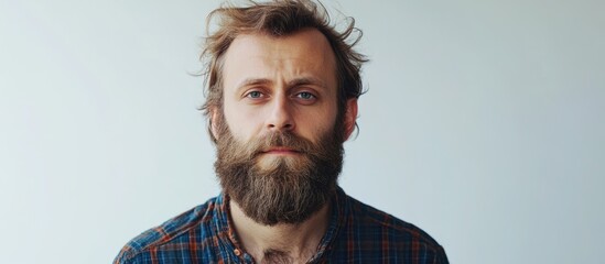 Caucasian man with beard staring at the camera with empty white background for text placement and creative content use