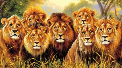 Majestic Lion Pride Portrait Displaying Unity and Strength in Natural Habitat