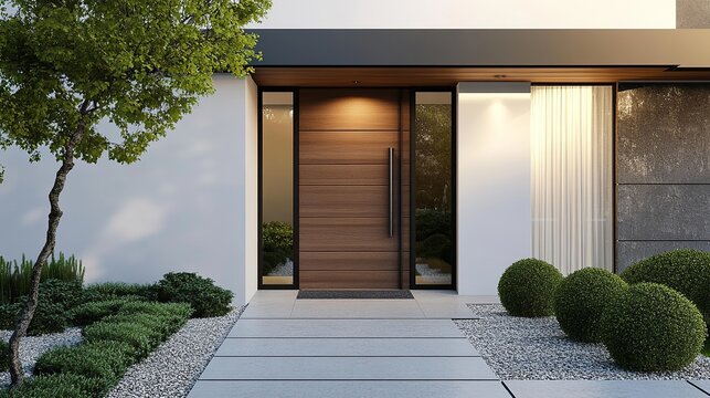 Modern entrance, simple wooden front door
