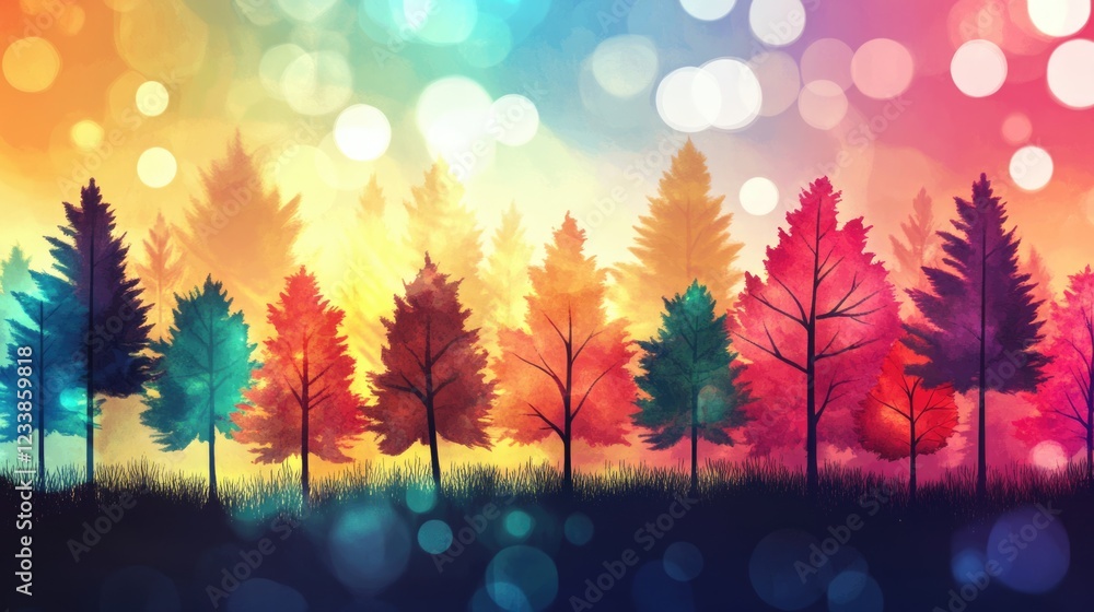 Poster Colorful Abstract Forest Background with Bokeh Effects and Copyspace for Text Ideal for Nature and Design Projects