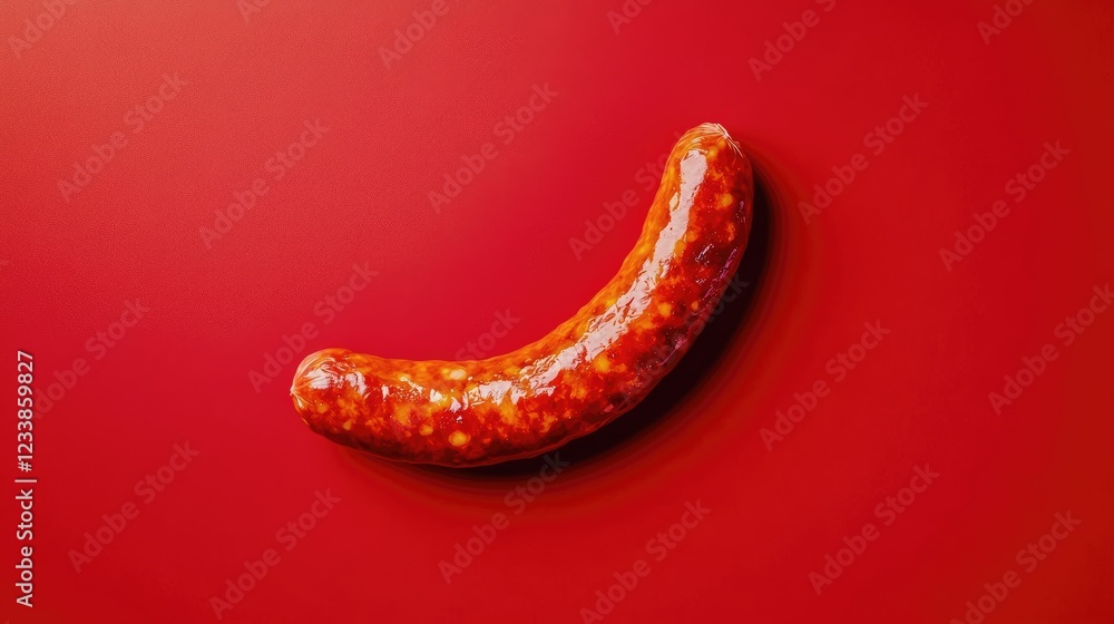 Poster Vibrant chorizo sausage placed on a striking red background highlighting its texture and color for culinary and food-themed visuals