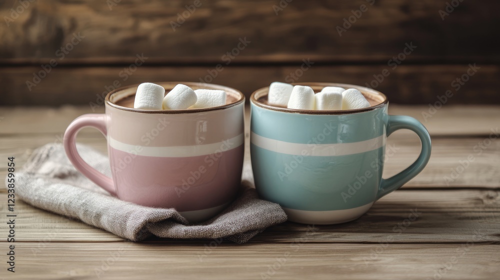 Poster cozy hot cocoa with marshmallows in colorful cups on rustic wooden background perfect for seasonal w