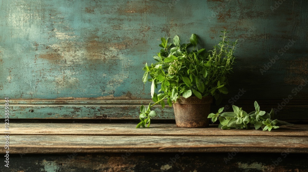 Poster herbal still life on rustic wooden surface with empty space for text or graphics in vintage setting