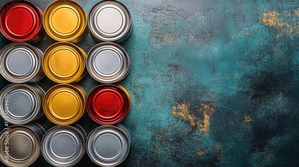 Poster Flatlay of colorful tin cans arranged on textured background with ample empty space for text ideal for food or packaging concepts.