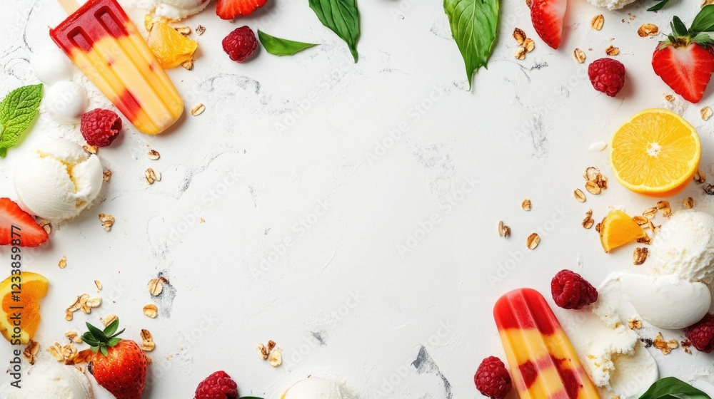 Aufkleber tropical ice cream and popsicles surrounded by fresh fruits and herbs on a marble background with bl