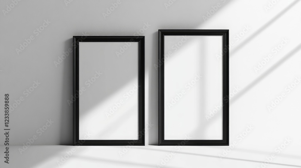 Poster Elegant vertical black poster mockups with frame design against a minimalist background and soft shadows showcasing blank spaces for images.