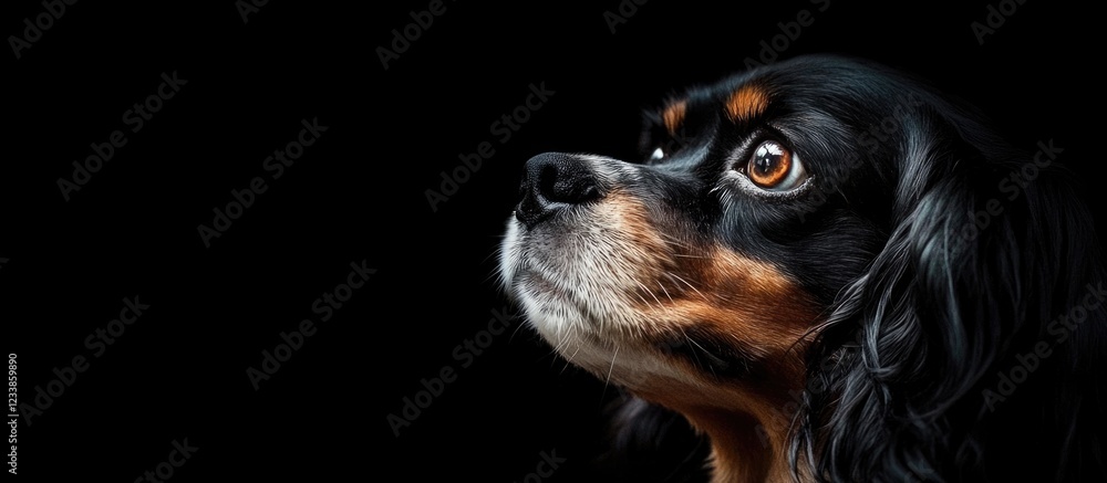 Poster cavalier king charles spaniel dog portrait with empty copy space for text on a dark background