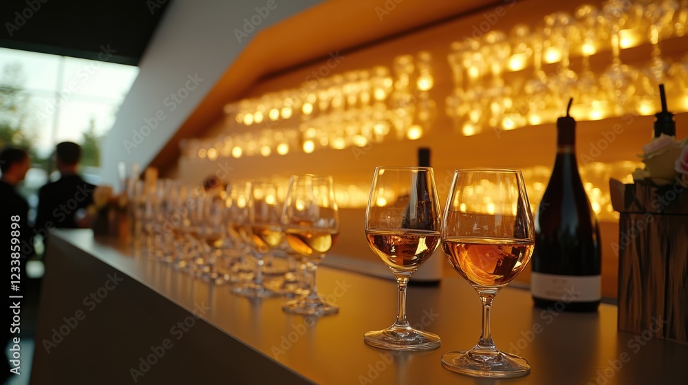 Poster elegant wine glasses on a stylish bar counter at a wine event with ambient lighting and empty space 