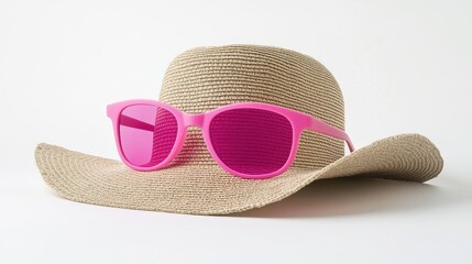 Wide brim sunhat with pink sunglasses on a bright white background for summer fashion and beach accessories promotions