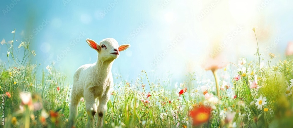 Poster white goat kid in blooming meadow under sunlight with ample empty space for text and message overlay