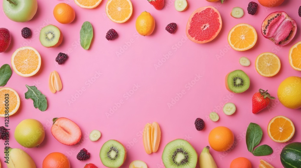 Poster vibrant arrangement of fresh colorful fruits and vegetables on pink background with blank space for 