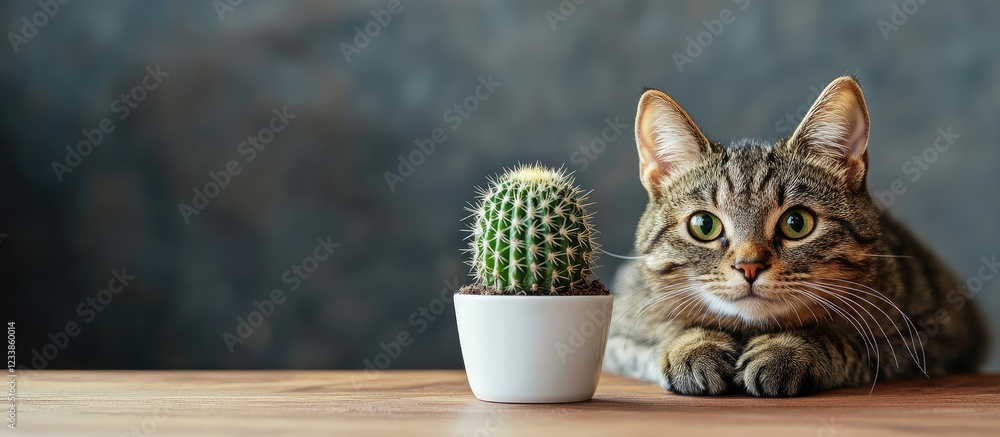 Aufkleber cat resting on a wooden desk beside a small cactus with a gray background and empty space for text o