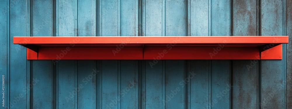 Poster colorful industrial shelf against blue wall for storage and display with empty space for custom text