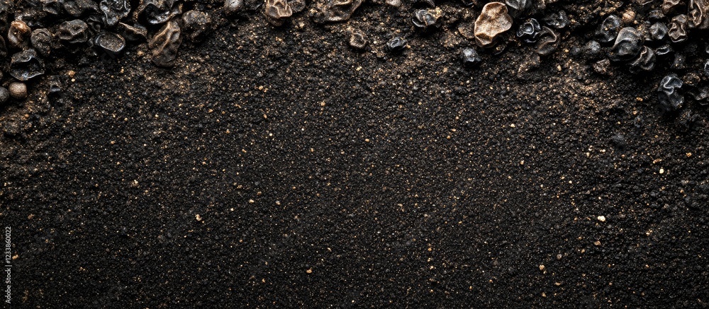 Poster richly textured black pepper powder artfully arranged with dark hues and ample empty space for text 