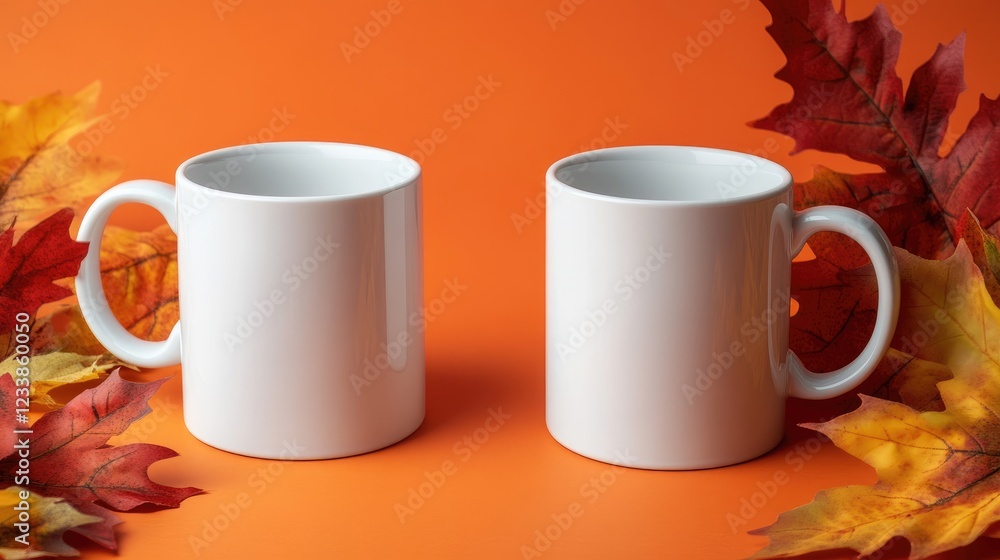 Poster empty white mugs surrounded by colorful fall leaves on a vibrant orange background creating a cozy a