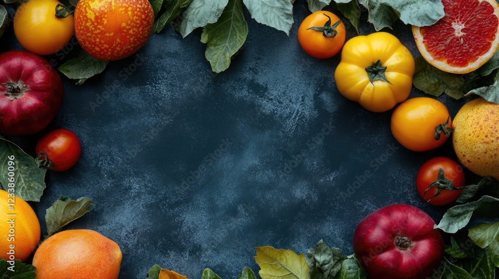 Aufkleber Vibrant Assortment of Fresh Fruits and Vegetables on Dark Background with Copy Space for Text or Design Elements