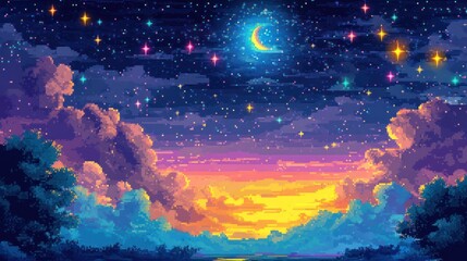 Obraz premium Pixel art sunset landscape, crescent moon, stars, clouds, game background