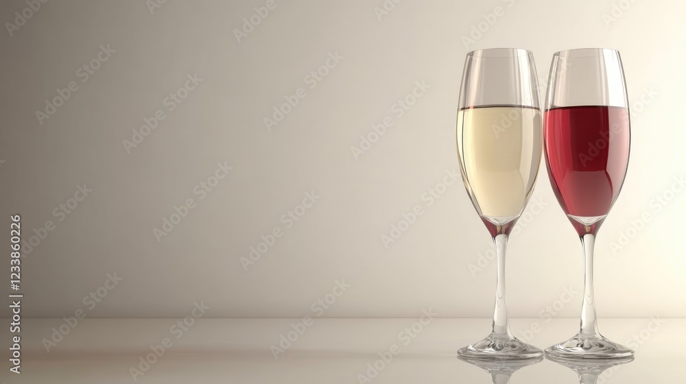 Poster elegant wine glasses of white and red champagne for toasting on a reflective surface with neutral ba