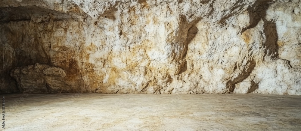 Aufkleber cave interior featuring textured limestone wall and smooth ground ideal for background use with empt