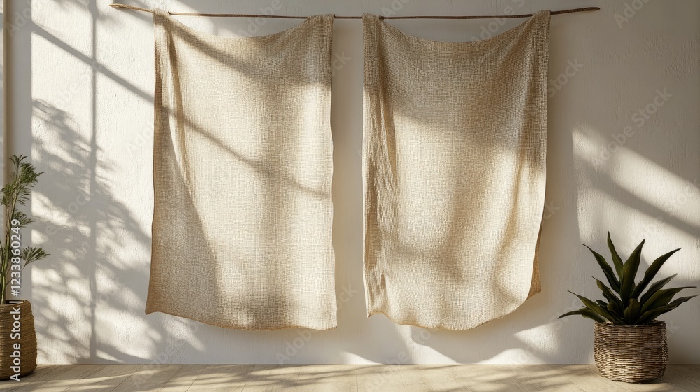 Aufkleber natural fabric banners draping against a wall with soft shadows and potted plants creating a serene 