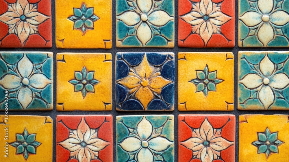 Aufkleber Vibrant decorative tile wall design featuring colorful floral patterns and ample empty space for text or branding inclusion