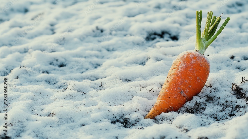 Poster winter carrot emerging from snowy mulched soil with blank space for text placement in nature backgro