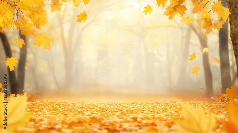 Poster vibrant autumn forest with golden yellow leaves and a soft blurred background creating ample copyspa