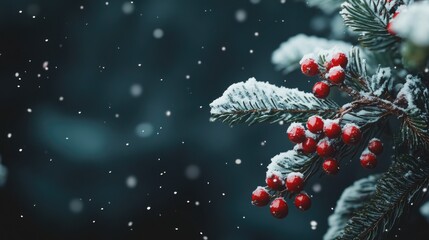 Winter wonderland scene with snow-covered pine branches and bright red berries on a dark background perfect for seasonal text overlay.