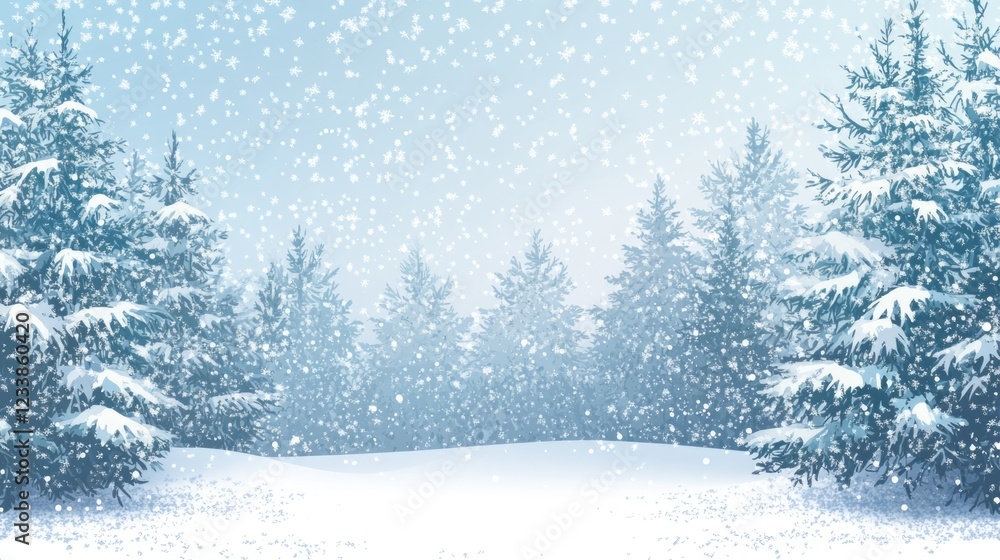 Poster serene winter forest with snow-laden fir trees creating a peaceful backdrop and ample space for text