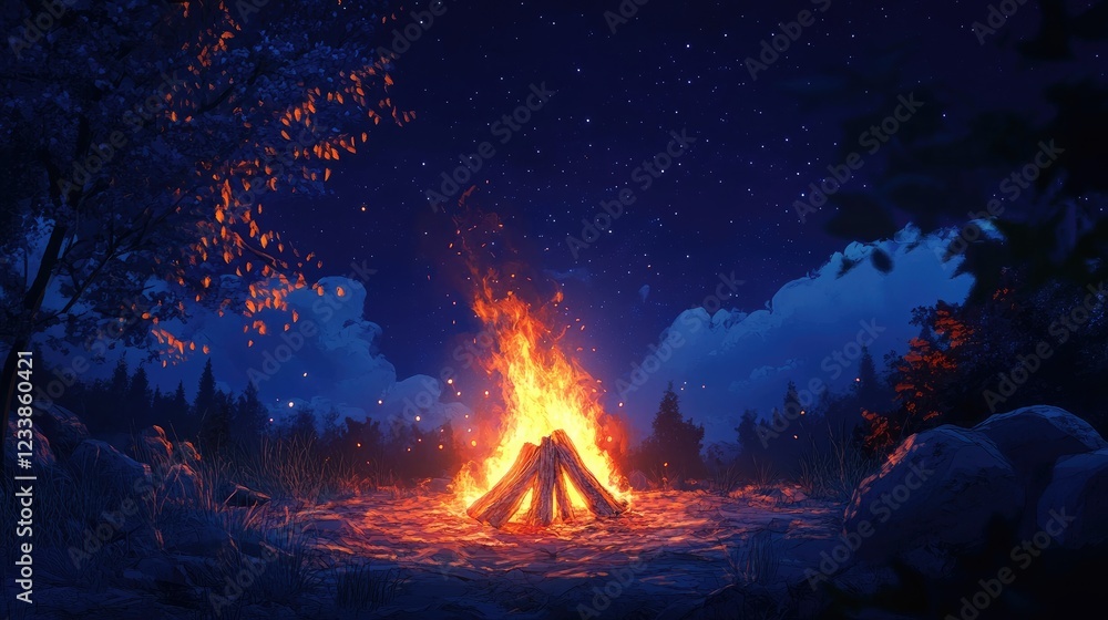 Poster luminous bonfire casting a warm glow in a serene night landscape under a starry sky with trees and c