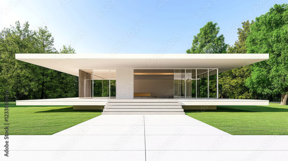 Poster clean architectural rendering of modern house with large windows, surrounded by greenery. design fea