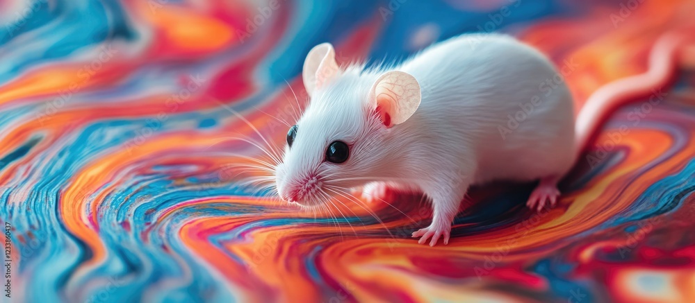 Poster white mouse on vibrant psychedelic swirl background with ample space for text and design elements. i