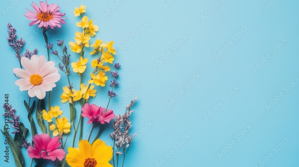Poster vibrant spring flower arrangement on a blue background with ample copy space for text or branding ne